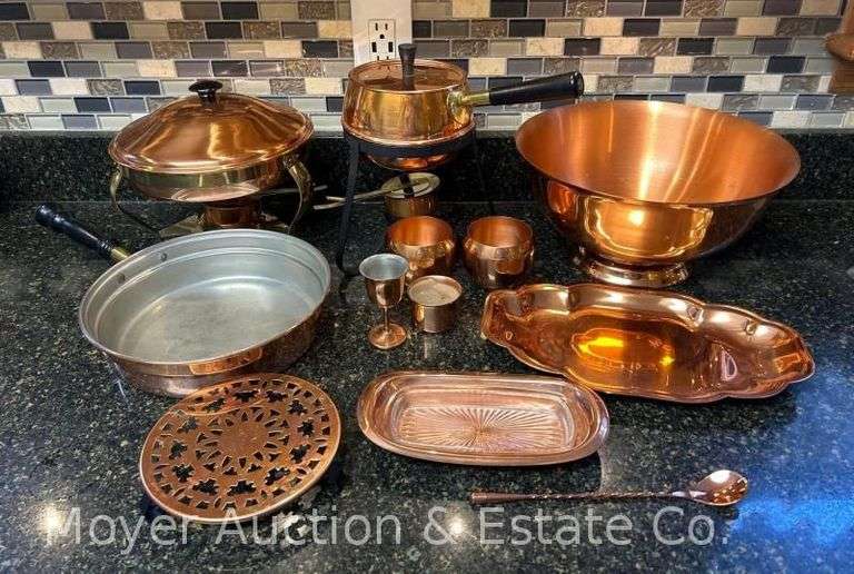 Large Copper Serving Bowl, Copper and Brass Chafing Dishes, Etc. image