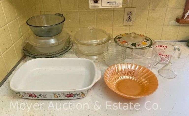 Group of Pyrex Pie Plates, Measuring Cups, Asst. Glass Casserole Dishes, Peach Luster Bowl, Etc. image