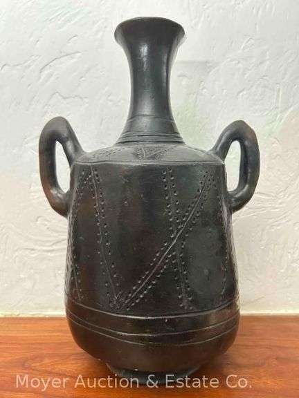 African Two Handled Vase/Jar, Cracked Rim, Chipping to Base, 13"h image
