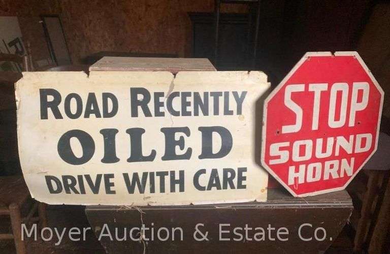 STOP Sound Horn Sign, Masonite, 18"x18", and Road Oiled Cardboard Sign, Both Single-sided image