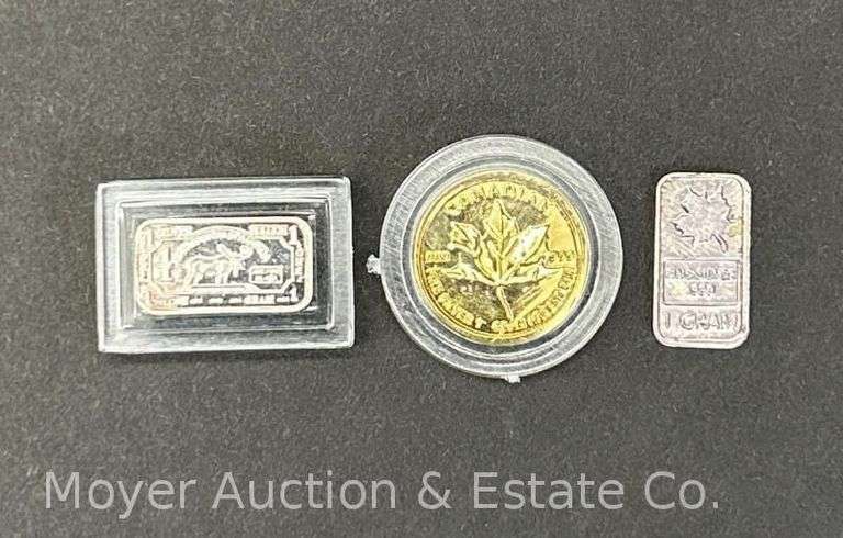 (3) Grams of .999 Fine Silver, (2)1 Gram Bars and 1 Gram Canadian Gold Plated Coin image