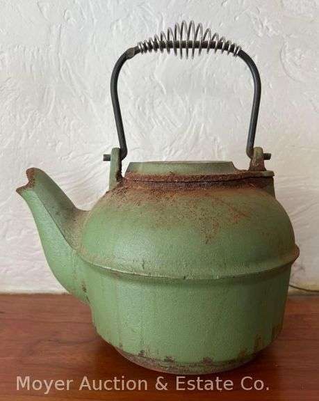 Green Cast Iron Tea Kettle, Star on Lid, Wire Handle, 6"h Without Handle image
