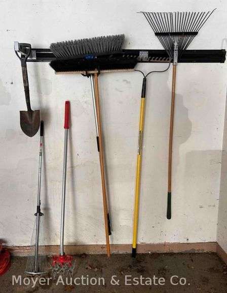 Group of Long Handled Tools, Seed Stitcher, Rakes, Push Brooms, Etc. image