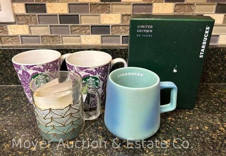 (4) New Starbucks Mugs and Starbucks Anniversary Tumbler with Mermaid, in Box image