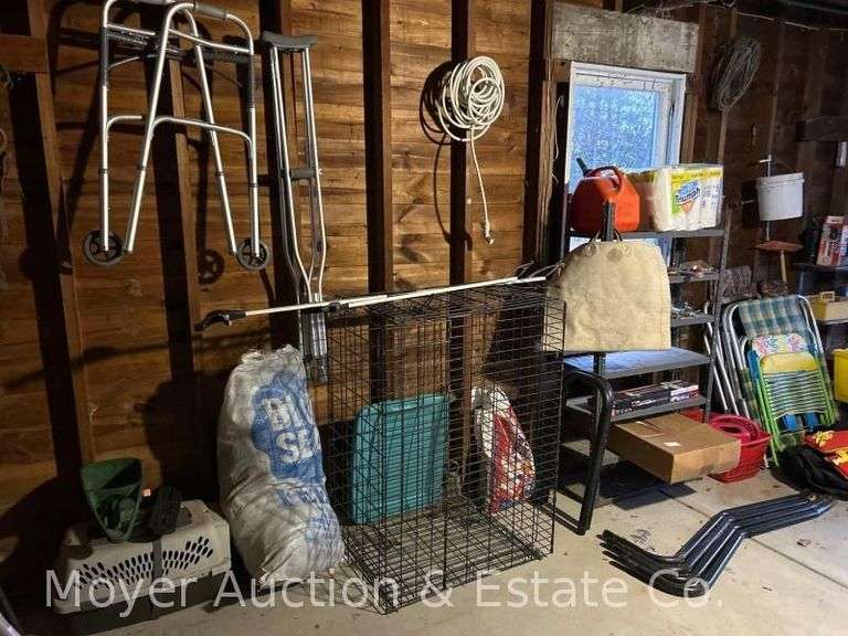 Contents of Garage Wall, Dog Crate, Crutches and Walker, Lawn Chairs, Etc. image