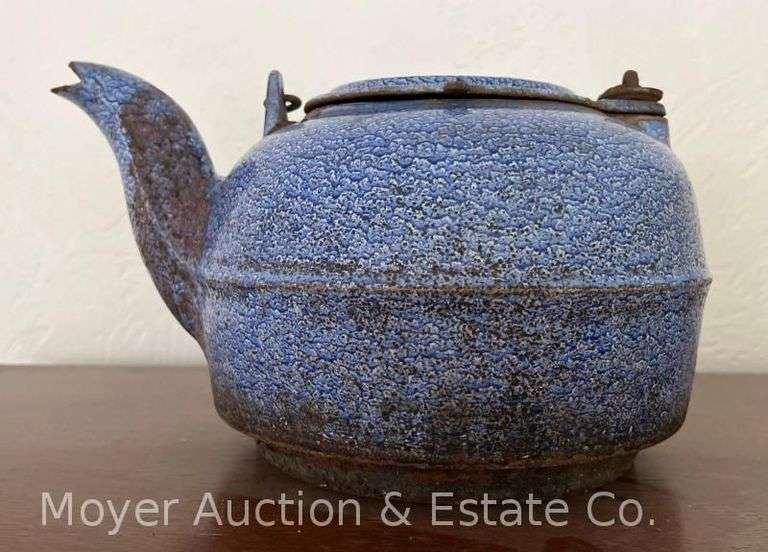 Cast Iron Water Kettle with Blue Mottled Enamel Exterior, #8 on Lid, Antique, 7"h Without Handle image