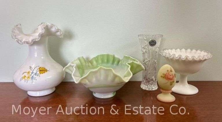 (2) Fenton Silver Crest Vases, Fenton Custard Glass Egg, Slag Glass Footed Bowl and Lenox Vase image