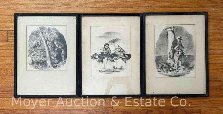 (3) Framed Pencil Sketch-Style Prints, 17"x13" Each image
