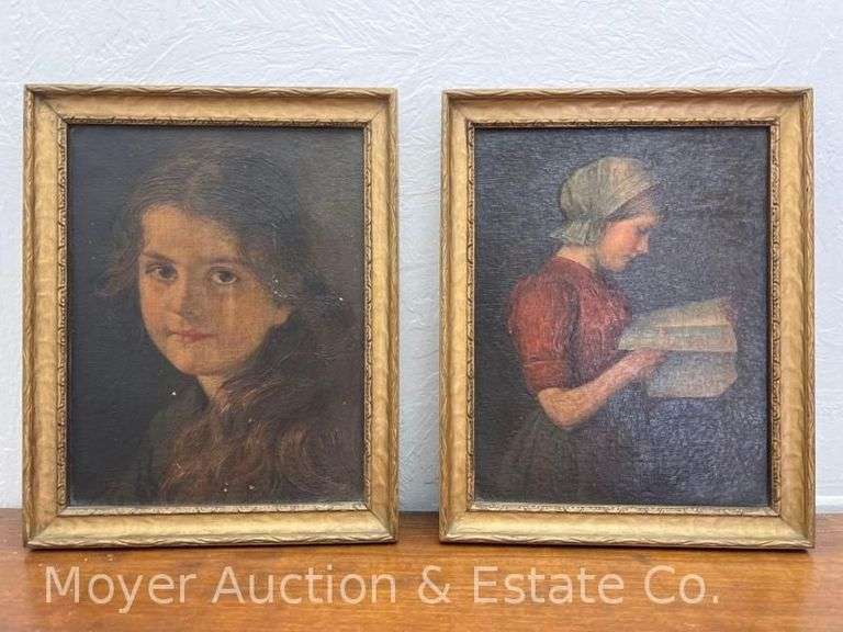 2 Vintage Decorative Painting on Canvas, One Signed, Framed 10" x 8" image