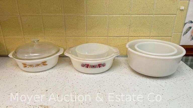 Group of Milk Glass Mixing Bowls with 3 Fire King Casserole Dishes image