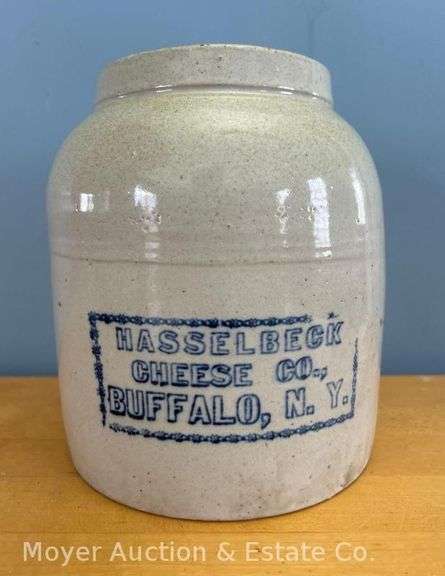 Hasselbeck Cheese Co. Stoneware Advertising Crock, Buffalo NY, Crack on Side, 8.5"h x 7"w image