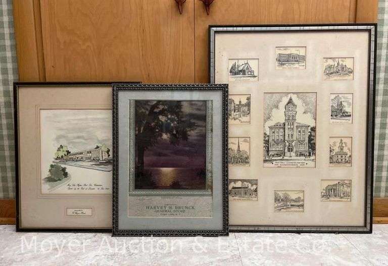 Group of Local Framed Artwork/Advertising, Framed 17"x13" - 23"x 18" image