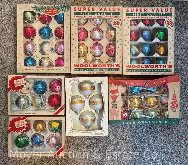 Group of 64 Vintage Glass Christmas Ornaments, with Boxes image