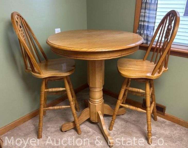 3Pc. Oak Bar-height Kitchen Set: Pedestal Table & 2 Swivel Chairs, 30" Seat Height image