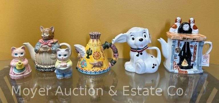 Group of Figural Tea Pots, One with Cream and Sugar image