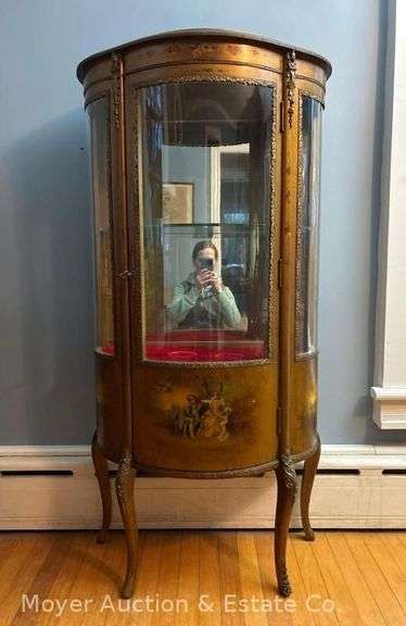 Vitrine with Curved Glass Door & Sides, Antique, Includes Key, 27"w x 55"h image