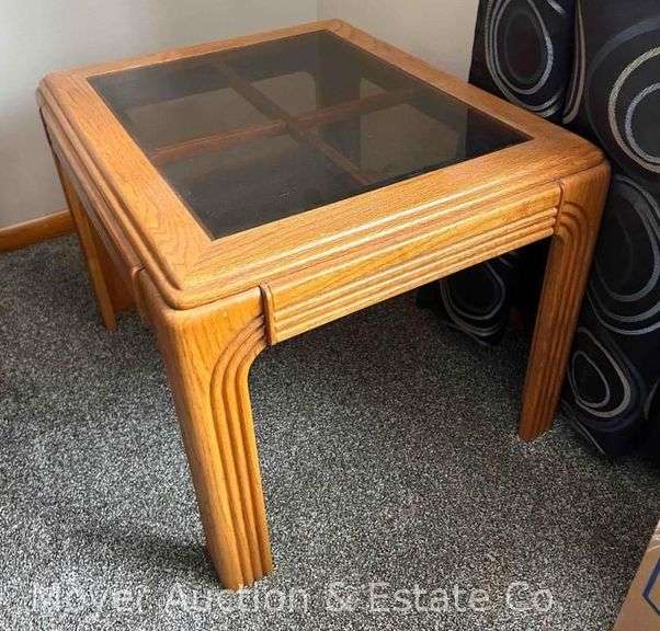 Oak End Table with Smoked Glass Top, 22"x26"x19"h image