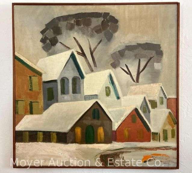 M. Fleming Painting on Canvas of Houses, Dated '61, 37" x 38" image