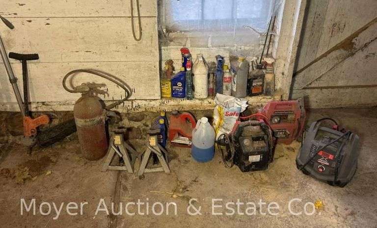 Group of Automotive Fluids, Jack Stands, Fire Extinguisher, Battery Jump Packs, Etc. image