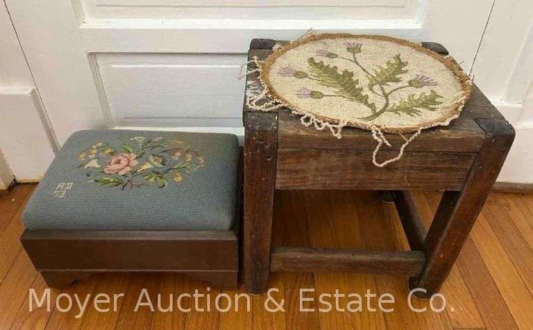 Needlepoint Footstool, Wood Base, with Other Wood Stool, 13.5"w image