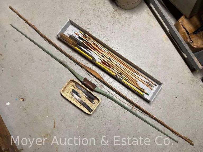 Group of Hunting and Pocket Knives, Broken Wood Shaft Arrows, and 2 Wood Bows image