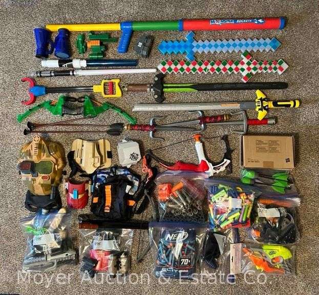 Group of Nerf Bullets, Foam Swords, Bows, Etc. image