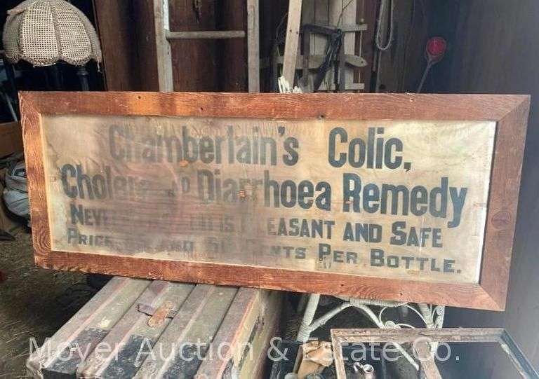 Chamberlain's Colic Advertisement on Oilcloth, Early Piece, Barnwood Frame is Newer, 21"x54" Overall image