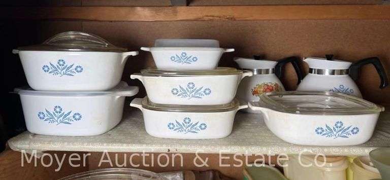 Group of Corningware Casserole Dishes and Teapots, Mostly Blue Cornflower Pattern image