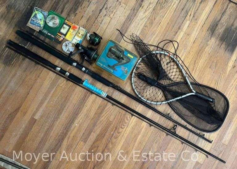 Group of Fishing Poles, Fly Fishing Lures, Net, Etc. image