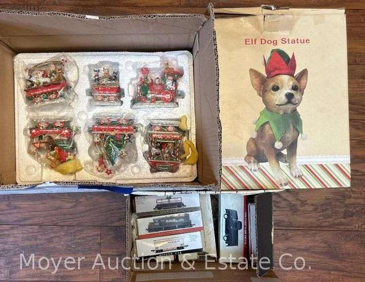 6pc. Danbury Mint "Chihuahua Christmas" ResinTrain Set in Box, Dog Figure, and Cars & Trains image