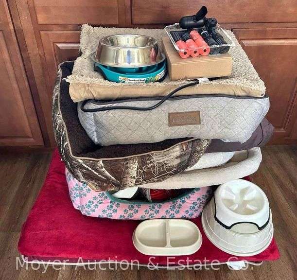 Group of Dog Beds, Food Bowls, Dropping Bags, Etc. image