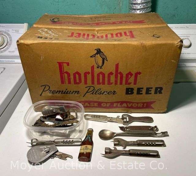 Group of Beer Can Openers, Texaco Service Lancaster NY, Simon Pure, Iroquois, Etc. with Horlacher Beer Box image