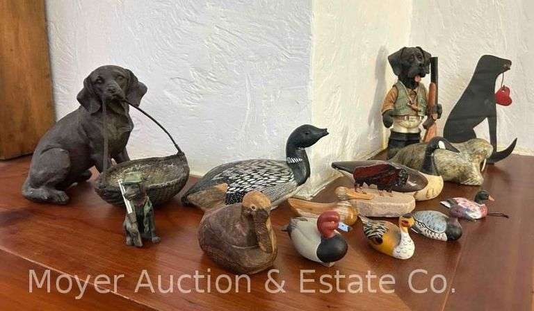 Group of Duck, Dog, and Other Animal Figures, Asst. Materials: Wood, Stone, Etc. image