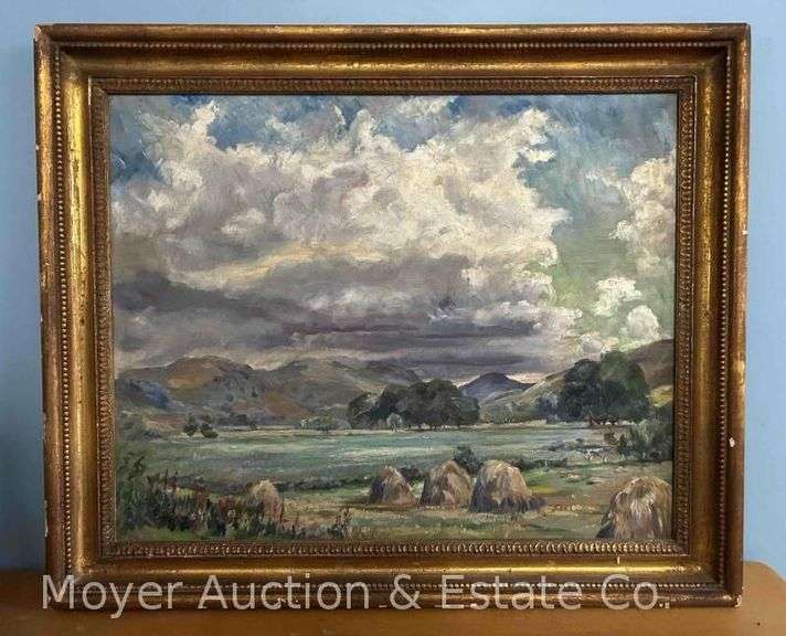 Vintage Landscape Painting on Board of Haystacks, Unsigned, Framed 19" x 23" image