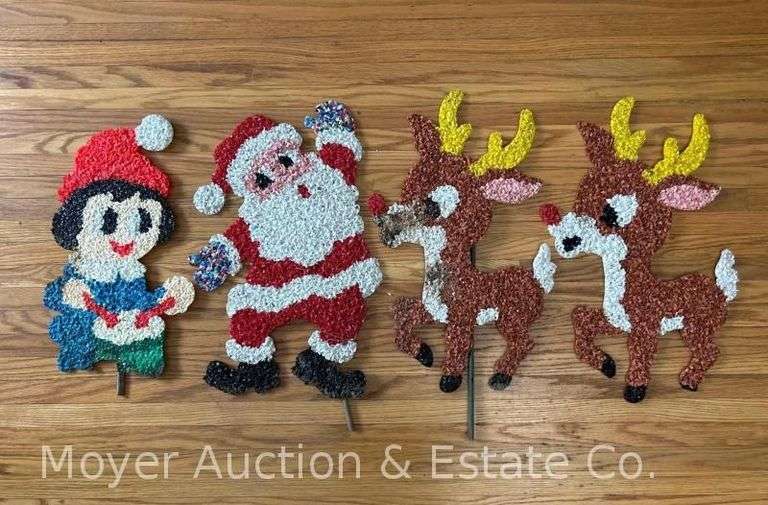 Santa, Drummer Boy, and 2 Reindeer Melted Plastic Decorations, 17"-19"h image