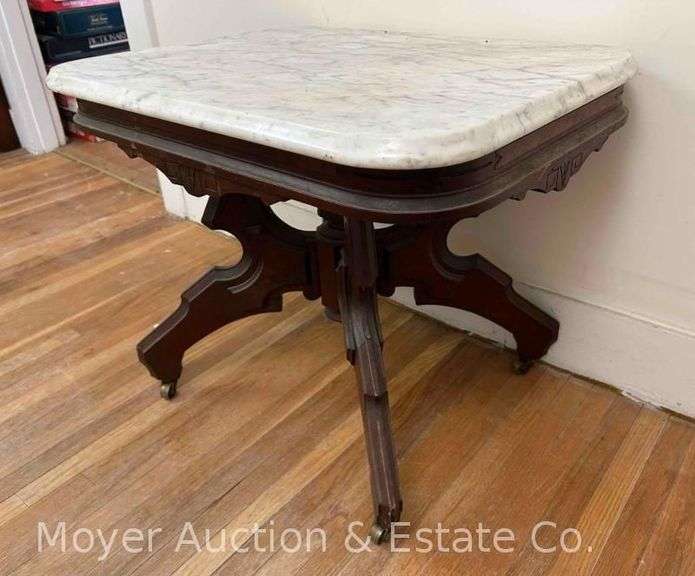 Marble-top Walnut Side Table, antique, 24.5"x19"x20"h image
