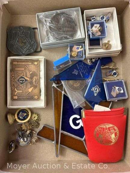 Group of Masonic Belt Buckles, Pins, Tie Clips, Etc. image