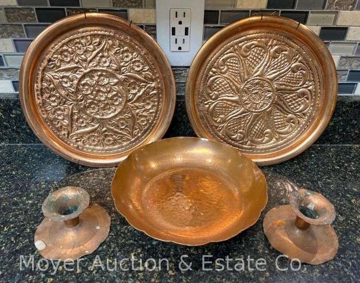 Avon Coppersmith Hammered Copper Bowl and Pair of Candlesticks with 2 Unmarked Tooled Copper Plates image