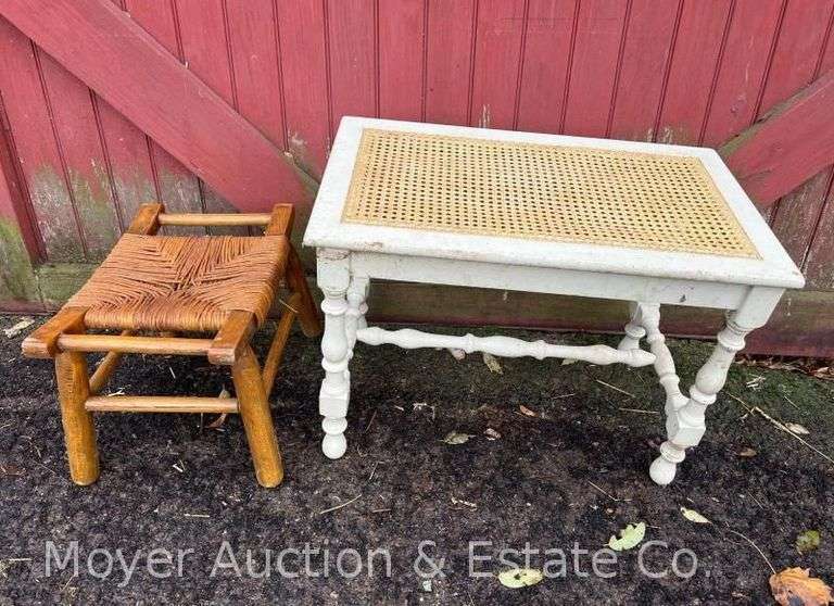 Wood Frame Bench with Caned Seat and Rush Stool, 16" and 24"w image