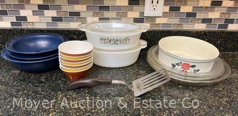 Group of Kitchenware: FireKing, Pfalzgraff Bowl Set, Pyrex Pie Plates 9"-11"w, Cutco Spatula, Etc. image