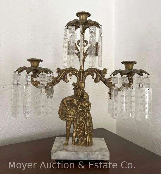 Brass 3 Candle Girandole, Glass Prisms, White Marble Base, Antique, 16"h image