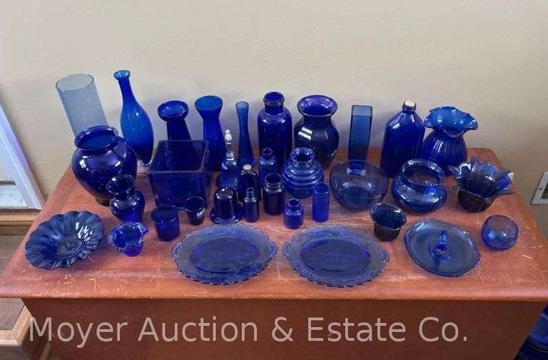 Group of Cobalt Glass Vases, Bottles, Etc. image
