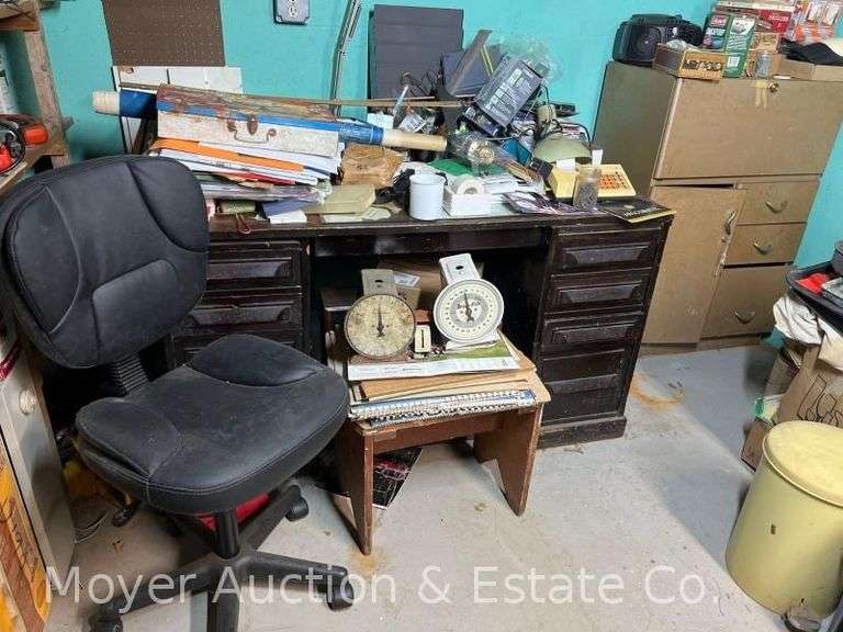 Desk, Metal Cabinet, and Contents of Hardware, Household, Etc. image