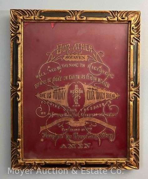 Scroll-cut Wood Artwork of THE LORDS PRAYER, Antique, Box Framed 27" x 23" image