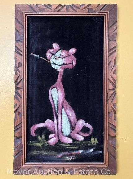 Pink Panther Painting on Velvet, Carved Wood Frame, Vintage, Overall 23" x 14" image