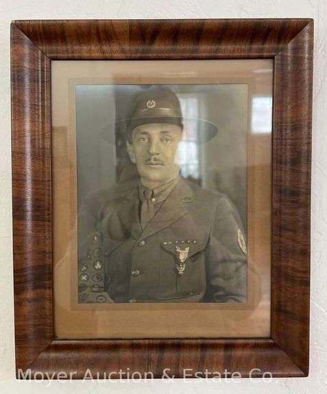Vintage Photograph of Man with Eagle Scout Medal & Merit Sash, Framed 14" x 12" image