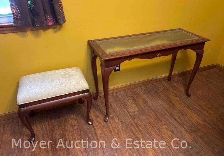 Entry Table, Glass Top and Small Bench with Upholstered Seat and Wood Frame, 21" and 42"w image