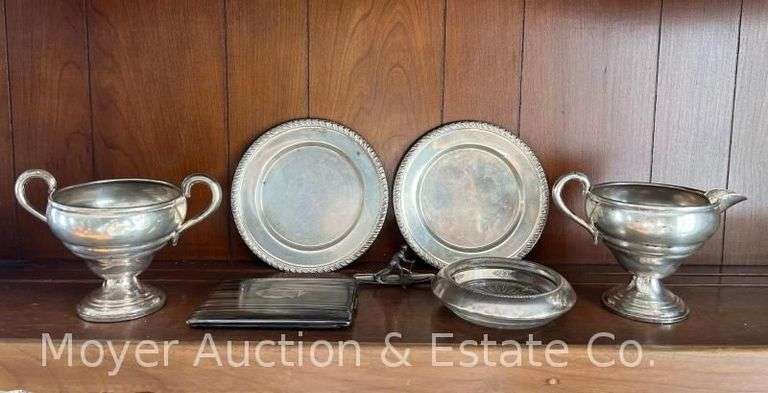 Group of Sterling Silver: Cream and Sugar (dented), Rimmed Dish, Tie Clip, and Money Clip/Wallet image