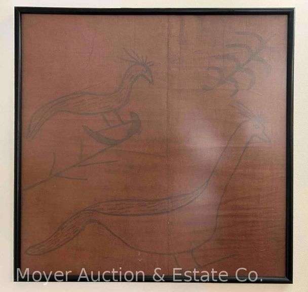 Sketch/Painting of Birds on Paper, Framed 21.5" x 22" image