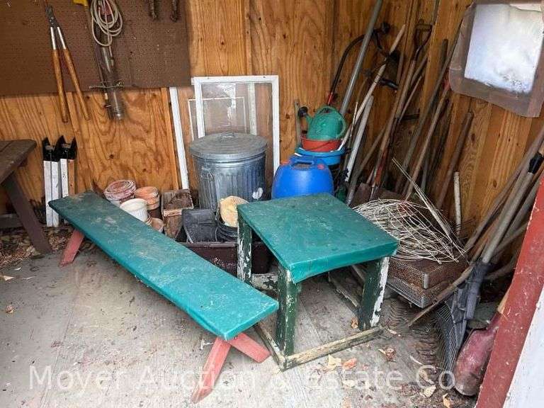 Contents of Garden Shed, Long Handled Tools, Trash Can, Bench, Etc. image